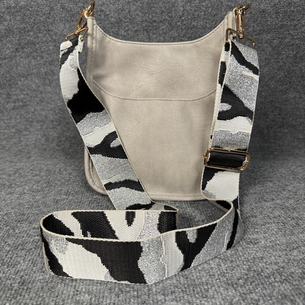 Ahdorned Medium Faux Leather Crossbody Cream With Extra Wide Strap Gray Pocket